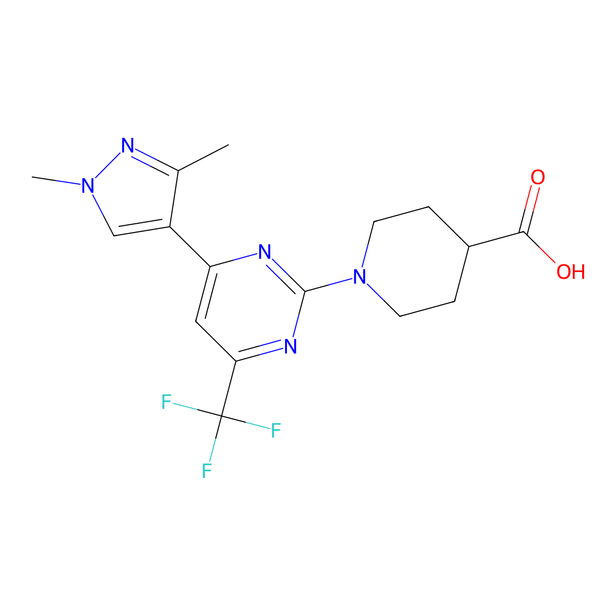1-[4-(1,3-dimethyl-1H-pyrazol-4-yl)-6-(trifluoromethyl)pyrimidin-2-yl]piperidine-4-carboxylic acid molecular structure, CAS 1006334-19-5