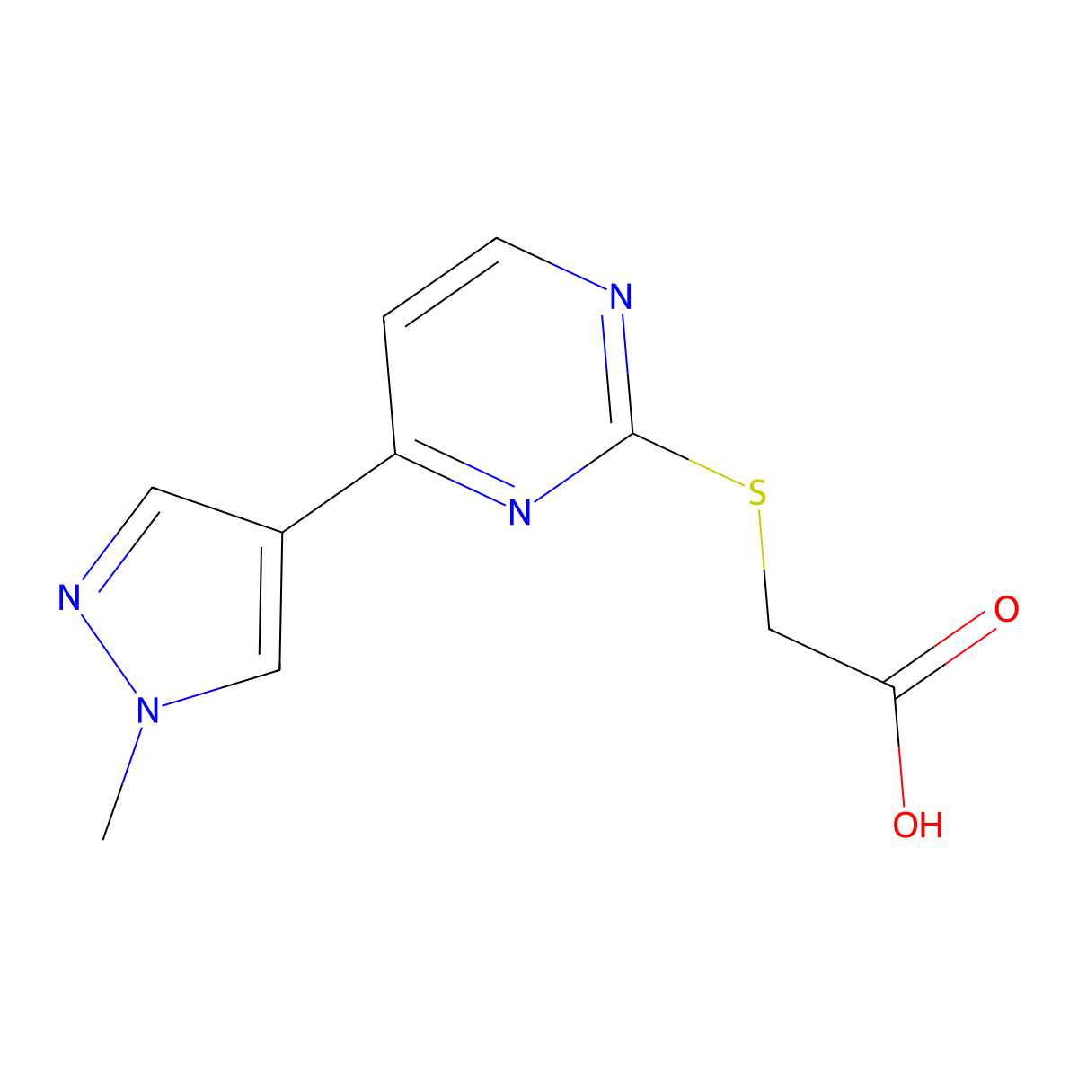 2-((4-(1-Methyl-1H-pyrazol-4-yl)pyrimidin-2-yl)thio)acetic acid molecular structure, CAS 1006334-23-1