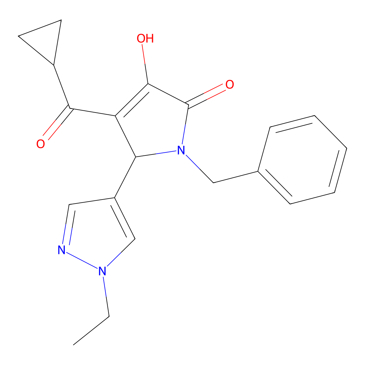 1-benzyl-4-(cyclopropylcarbonyl)-5-(1-ethyl-1H-pyrazol-4-yl)-3-hydroxy-1,5-dihydro-2H-pyrrol-2-one molecular structure, CAS 1006334-30-0