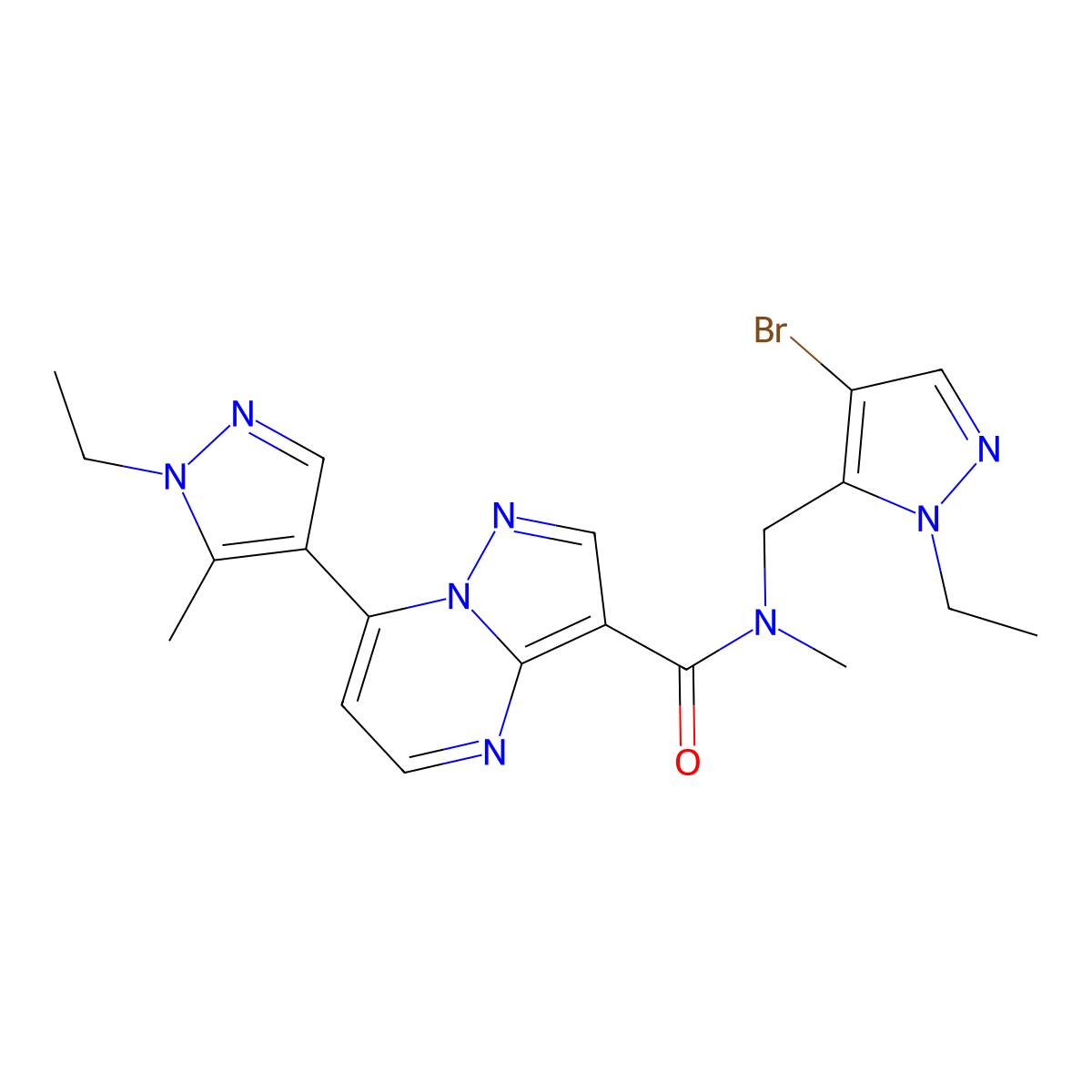 N-[(4-bromo-1-ethyl-1H-pyrazol-5-yl)methyl]-7-(1-ethyl-5-methyl-1H-pyrazol-4-yl)-N-methylpyrazolo[1,5-a]pyrimidine-3-carboxamide molecular structure, CAS 1006334-38-8
