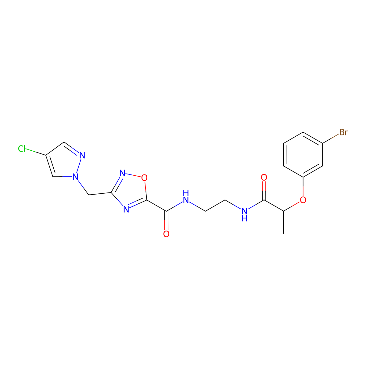 N-(2-{[2-(3-bromophenoxy)propanoyl]amino}ethyl)-3-[(4-chloro-1H-pyrazol-1-yl)methyl]-1,2,4-oxadiazole-5-carboxamide molecular structure, CAS 1006334-96-8