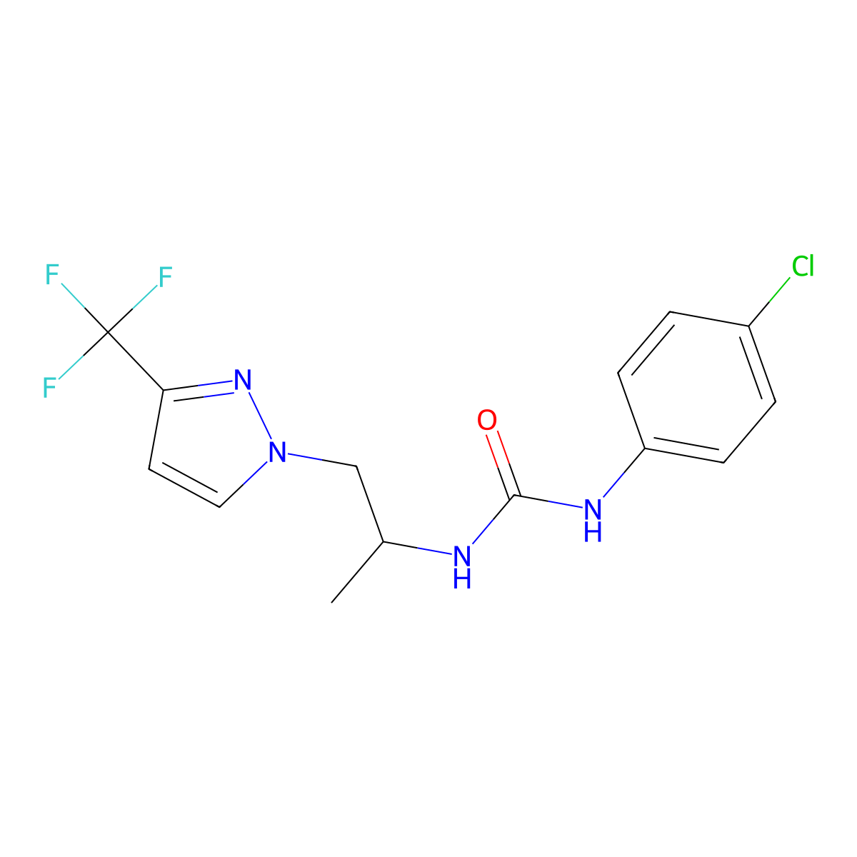 1-(4-chlorophenyl)-3-{1-[3-(trifluoromethyl)-1H-pyrazol-1-yl]propan-2-yl}urea molecular structure, CAS 1006335-40-5