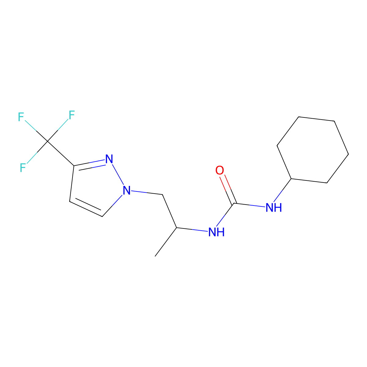 1-cyclohexyl-3-{1-[3-(trifluoromethyl)-1H-pyrazol-1-yl]propan-2-yl}urea molecular structure, CAS 1006335-61-0