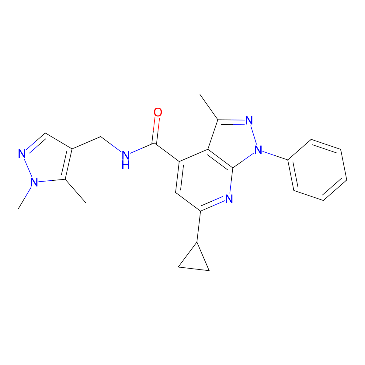 6-cyclopropyl-N-[(1,5-dimethyl-1H-pyrazol-4-yl)methyl]-3-methyl-1-phenyl-1H-pyrazolo[3,4-b]pyridine-4-carboxamide molecular structure, CAS 1006335-96-1