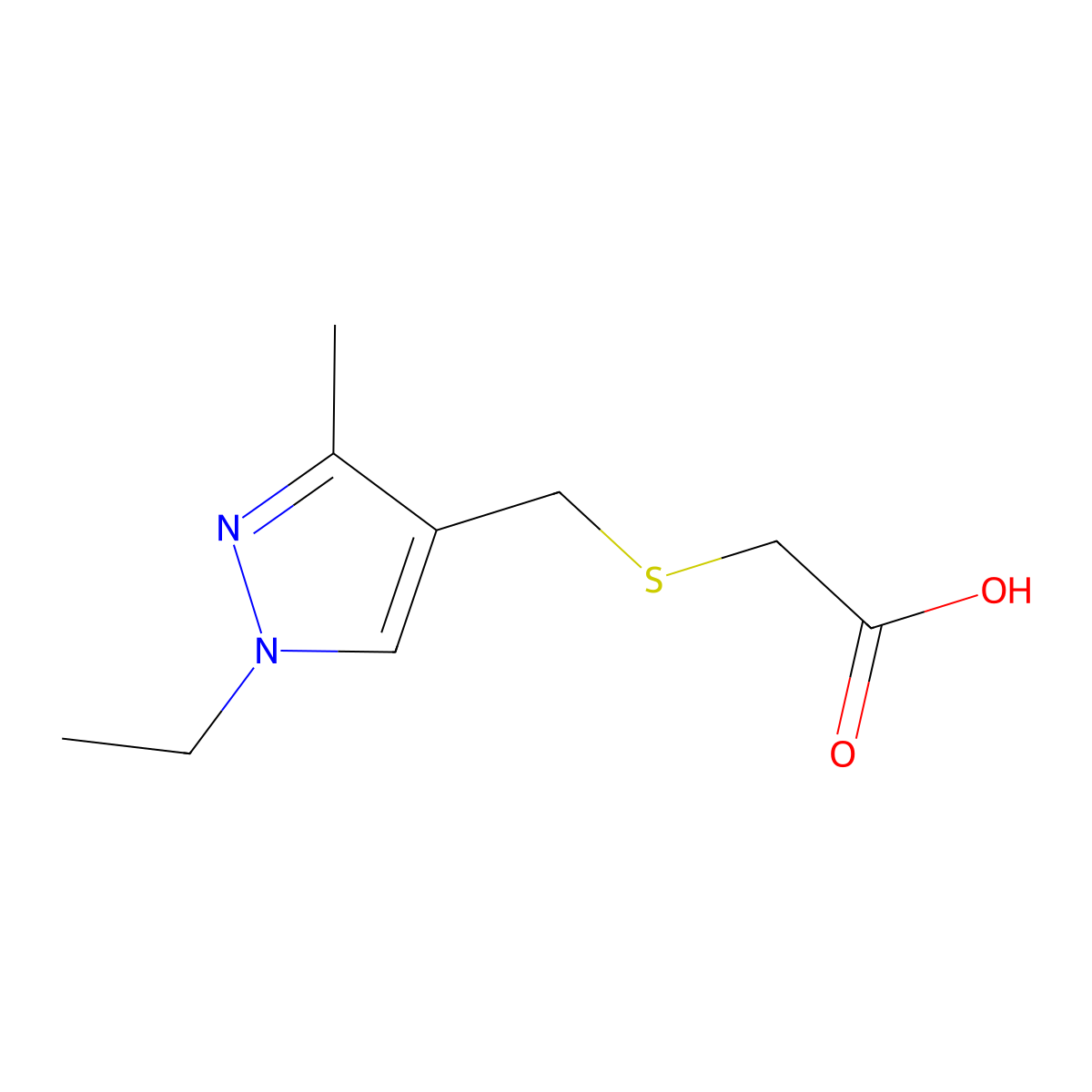 2-(((1-Ethyl-3-methyl-1H-pyrazol-4-yl)methyl)thio)acetic acid molecular structure, CAS 1006336-65-7