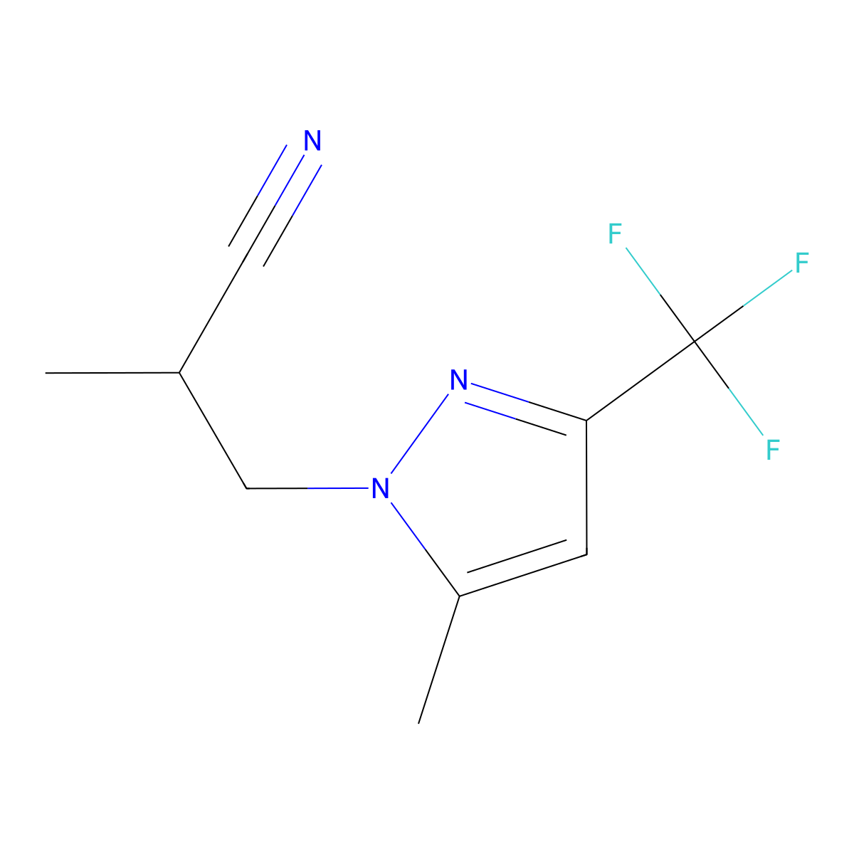 2-Methyl-3-(5-methyl-3-(trifluoromethyl)-1H-pyrazol-1-yl)propanenitrile molecular structure, CAS 1006336-81-7