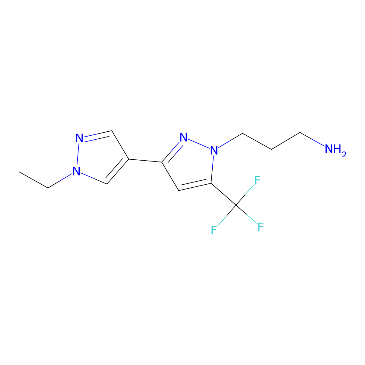 3-[1'-ethyl-5-(trifluoromethyl)-1H,1'H-3,4'-bipyrazol-1-yl]propan-1-amine molecular structure, CAS 1006336-85-1