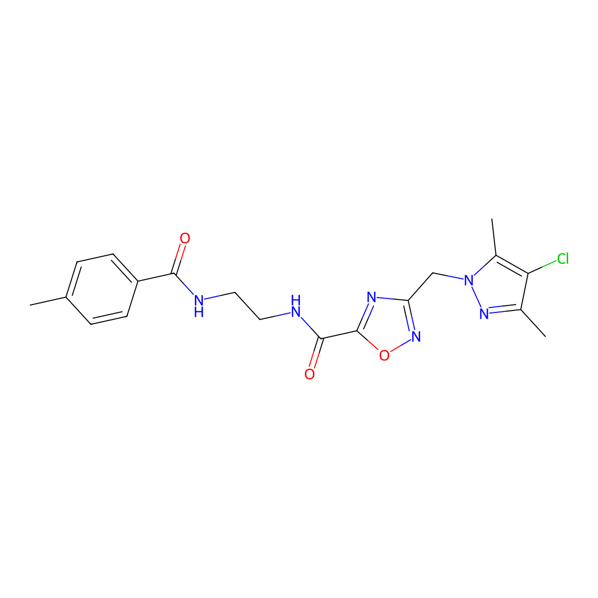 3-[(4-chloro-3,5-dimethyl-1H-pyrazol-1-yl)methyl]-N-(2-{[(4-methylphenyl)carbonyl]amino}ethyl)-1,2,4-oxadiazole-5-carboxamide molecular structure, CAS 1006339-14-5