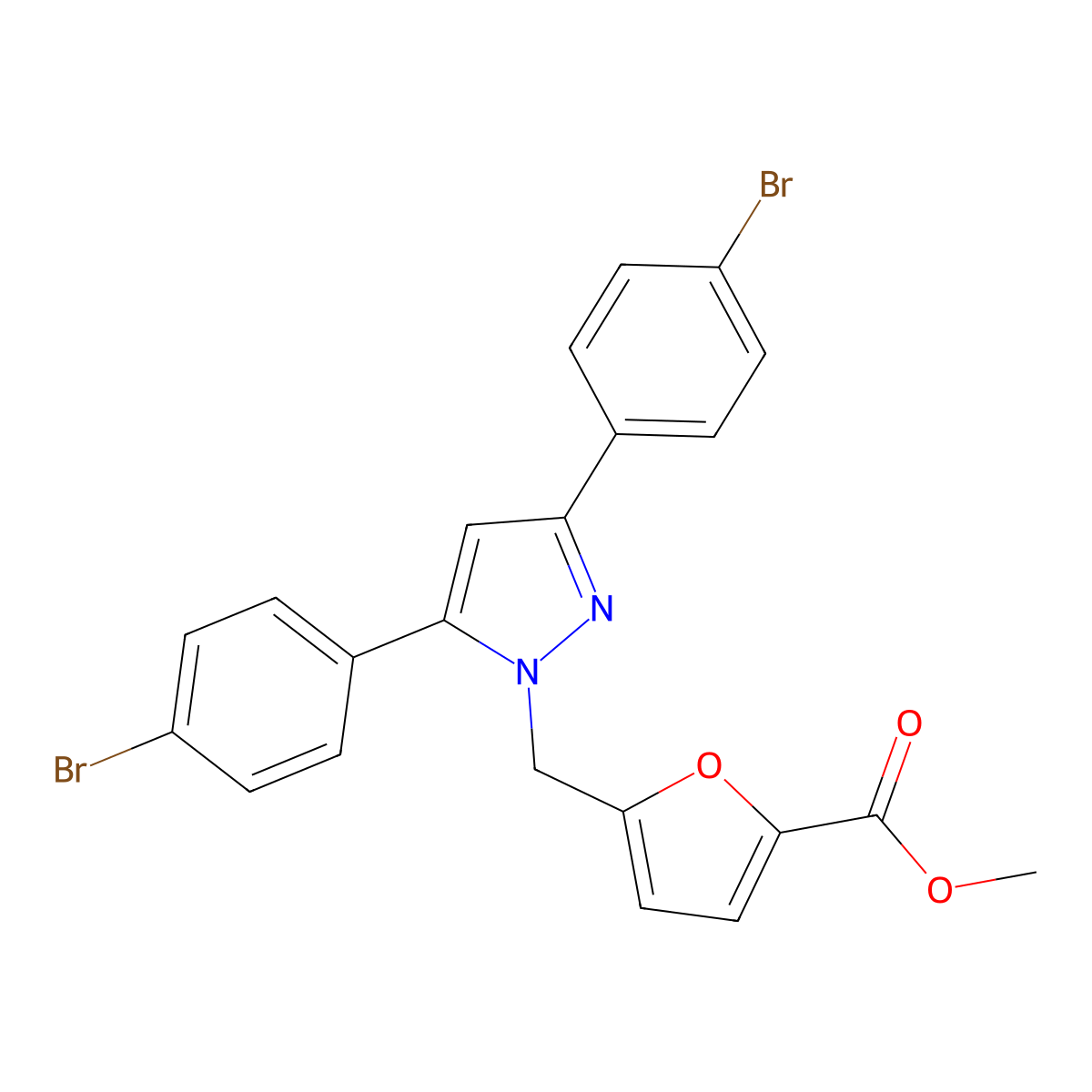 methyl 5-{[3,5-bis(4-bromophenyl)-1H-pyrazol-1-yl]methyl}furan-2-carboxylate molecular structure, CAS 1006340-60-8