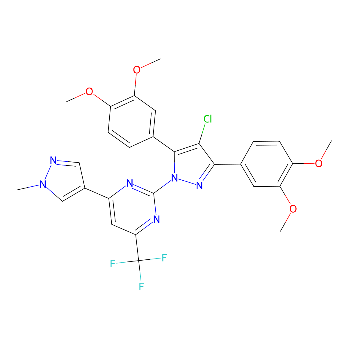 2-[4-Chloro-3,5-bis(3,4-dimethoxyphenyl)-1H-pyrazol-1-yl]-4-(1-methyl-1H-pyrazol-4-yl)-6-(trifluoromethyl)pyrimidine molecular structure, CAS 1006340-63-1