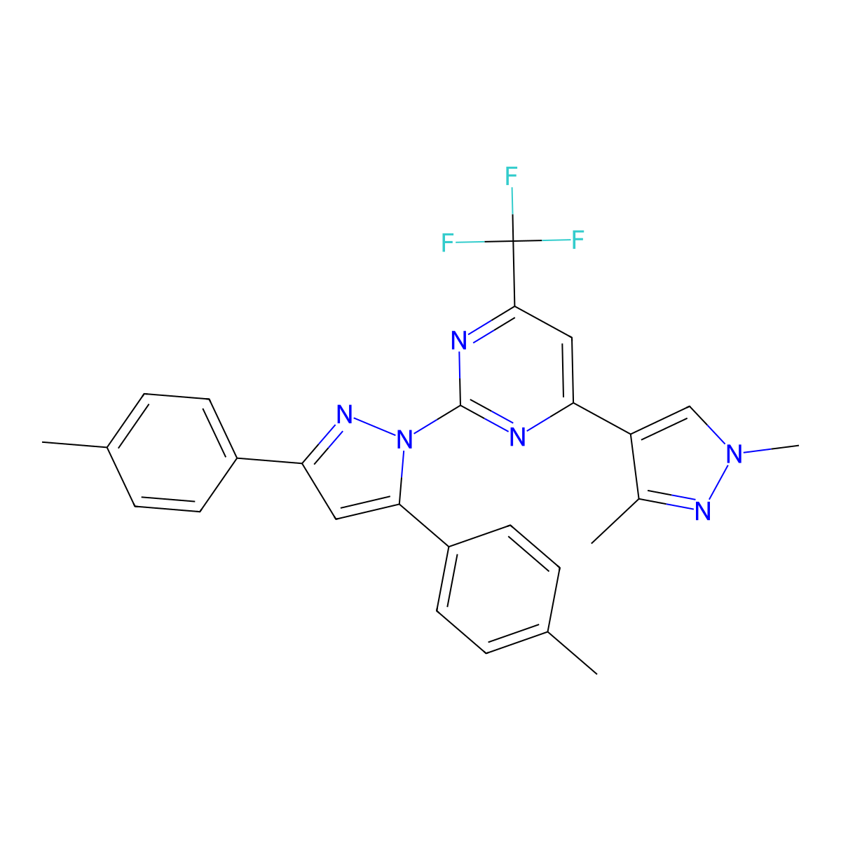 2-[3,5-bis(4-methylphenyl)-1H-pyrazol-1-yl]-4-(1,3-dimethyl-1H-pyrazol-4-yl)-6-(trifluoromethyl)pyrimidine molecular structure, CAS 1006340-69-7