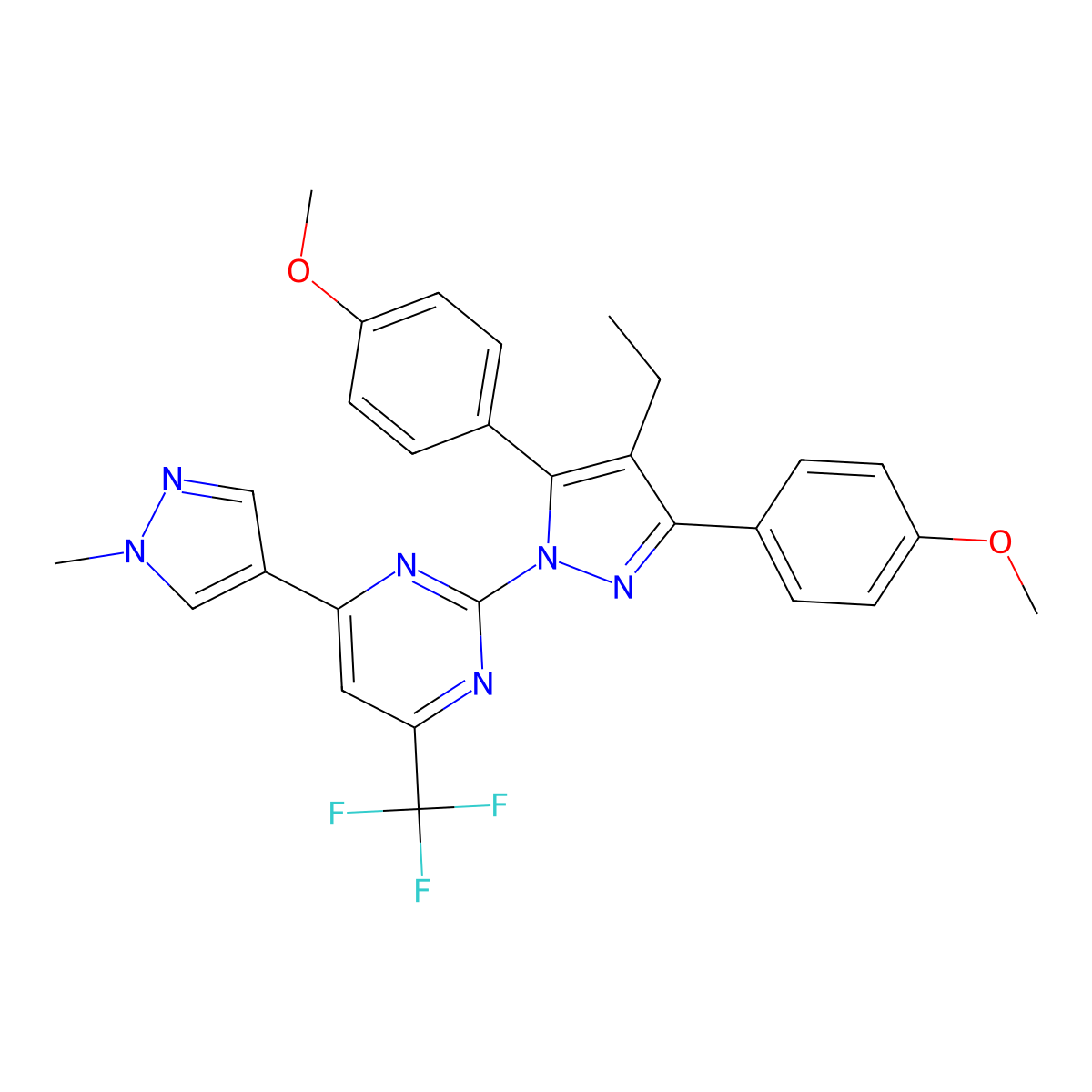 2-[4-ethyl-3,5-bis(4-methoxyphenyl)-1H-pyrazol-1-yl]-4-(1-methyl-1H-pyrazol-4-yl)-6-(trifluoromethyl)pyrimidine molecular structure, CAS 1006340-72-2