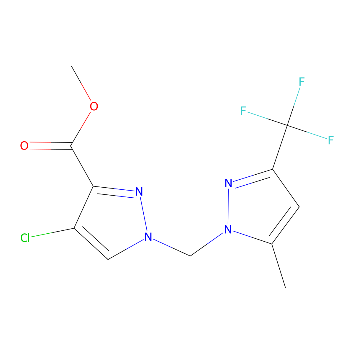 methyl 4-chloro-1-{[5-methyl-3-(trifluoromethyl)-1H-pyrazol-1-yl]methyl}-1H-pyrazole-3-carboxylate molecular structure, CAS 1006340-74-4