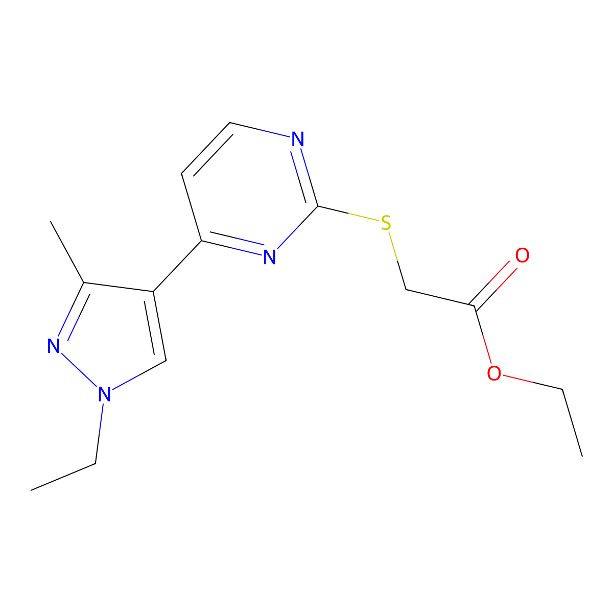 Ethyl 2-((4-(1-ethyl-3-methyl-1H-pyrazol-4-yl)pyrimidin-2-yl)thio)acetate molecular structure, CAS 1006340-77-7