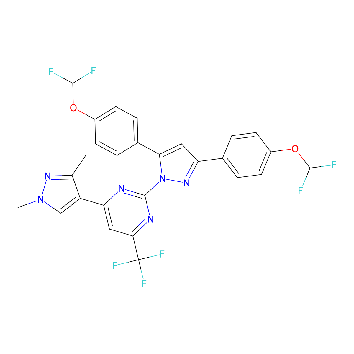 2-[3,5-Bis[4-(difluoromethoxy)phenyl]-1H-pyrazol-1-yl]-4-(1,3-dimethyl-1H-pyrazol-4-yl)-6-(trifluoromethyl)pyrimidine molecular structure, CAS 1006340-84-6
