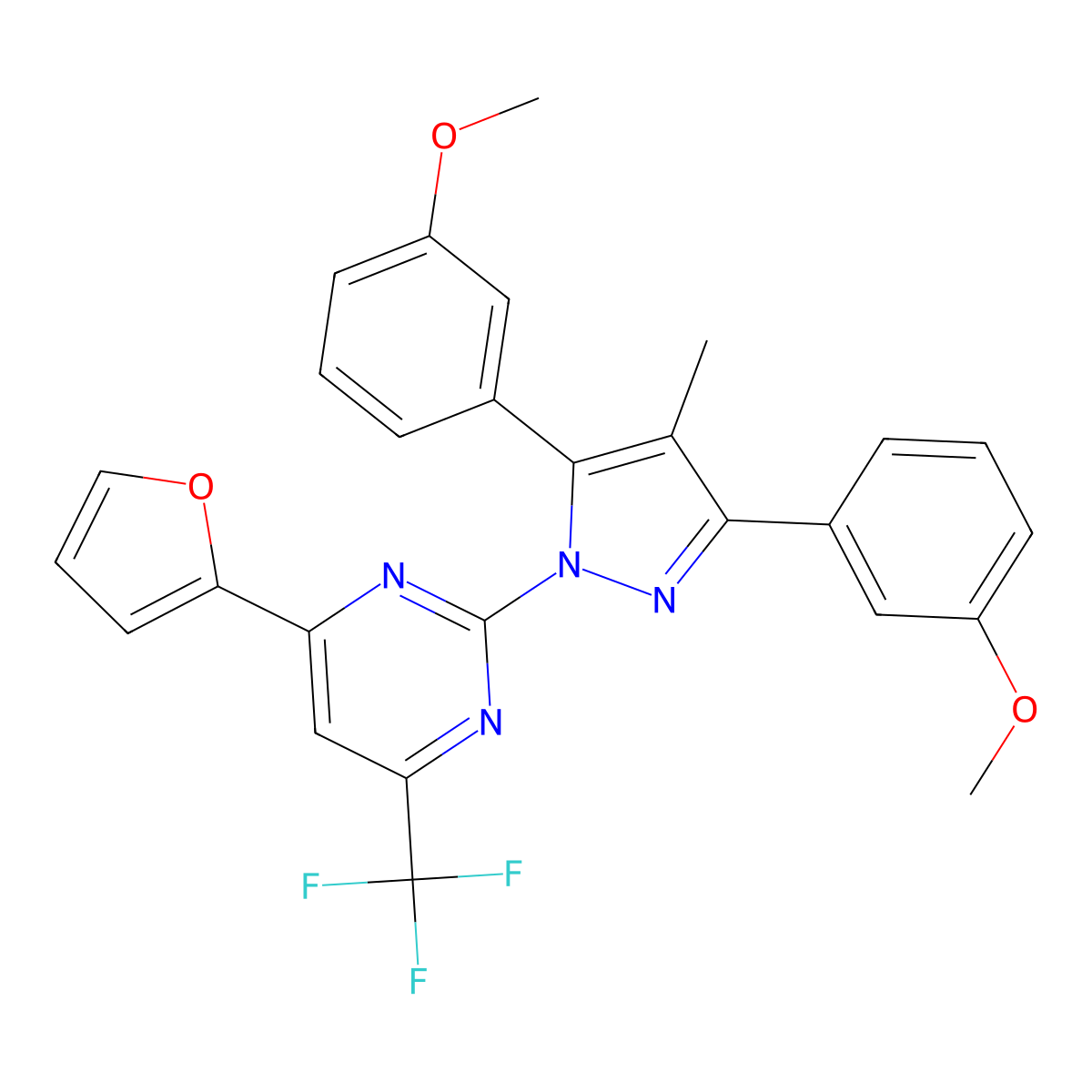 2-[3,5-bis(3-methoxyphenyl)-4-methyl-1H-pyrazol-1-yl]-4-(furan-2-yl)-6-(trifluoromethyl)pyrimidine molecular structure, CAS 1006340-87-9