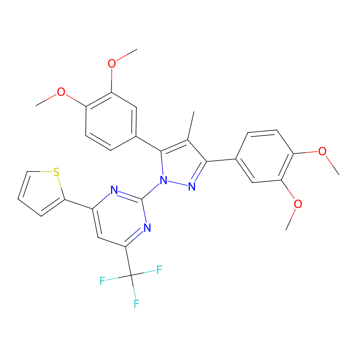2-[3,5-Bis(3,4-dimethoxyphenyl)-4-methyl-1H-pyrazol-1-yl]-4-(2-thienyl)-6-(trifluoromethyl)pyrimidine molecular structure, CAS 1006340-93-7