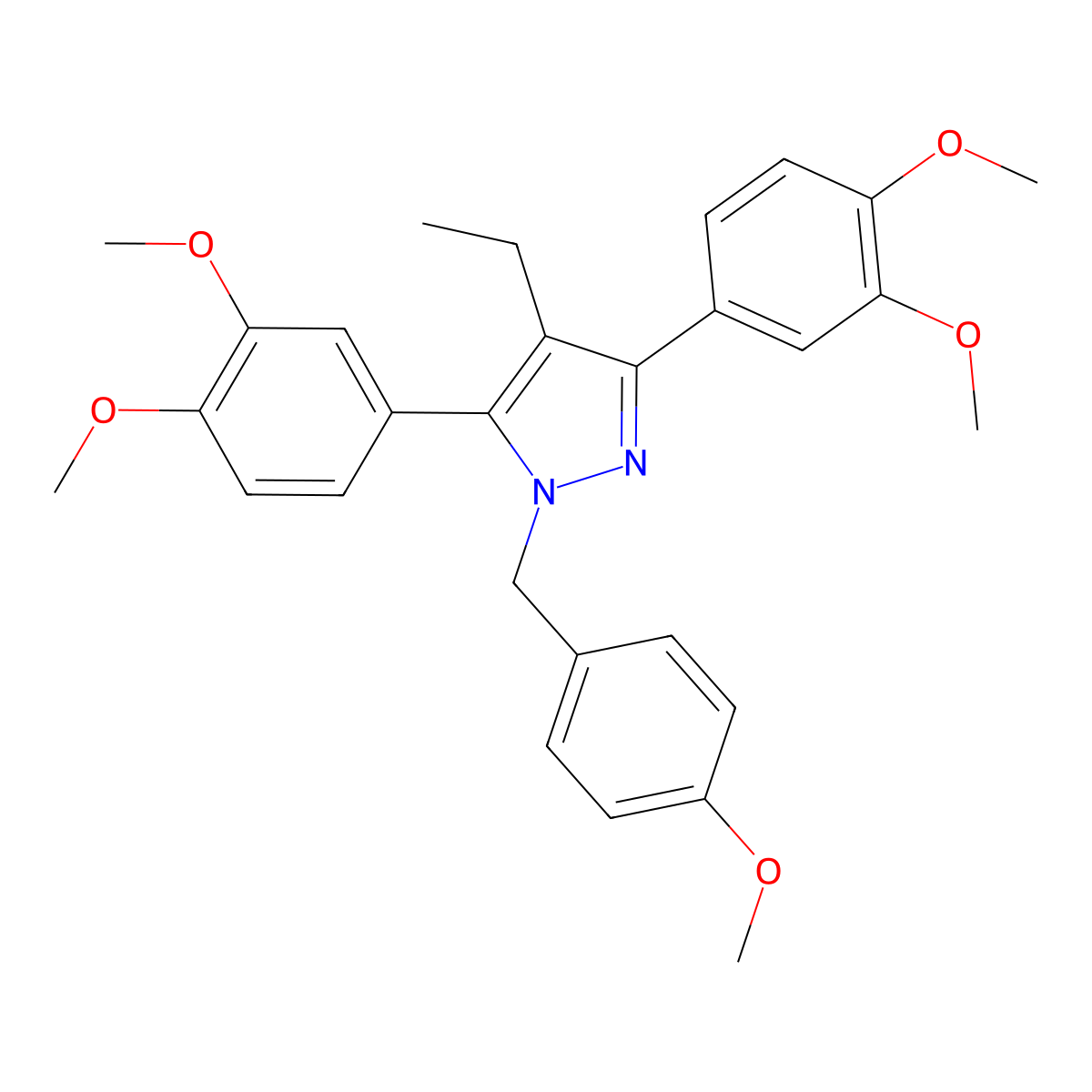 3,5-bis(3,4-dimethoxyphenyl)-4-ethyl-1-(4-methoxybenzyl)-1H-pyrazole molecular structure, CAS 1006341-07-6