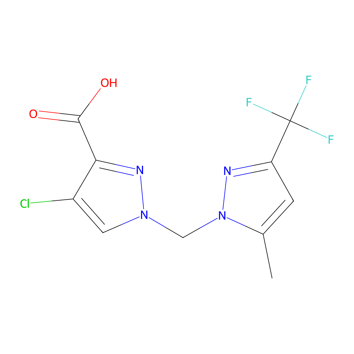 4-Chloro-1-([5-methyl-3-(trifluoromethyl)-1H-pyrazol-1-yl]methyl)-1H-pyrazole-3-carboxylic acid molecular structure, CAS 1006341-09-8