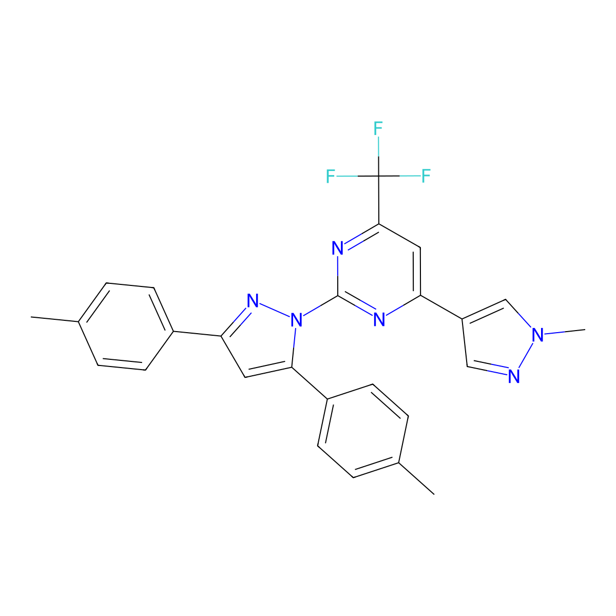 2-[3,5-bis(4-methylphenyl)-1H-pyrazol-1-yl]-4-(1-methyl-1H-pyrazol-4-yl)-6-(trifluoromethyl)pyrimidine molecular structure, CAS 1006341-10-1