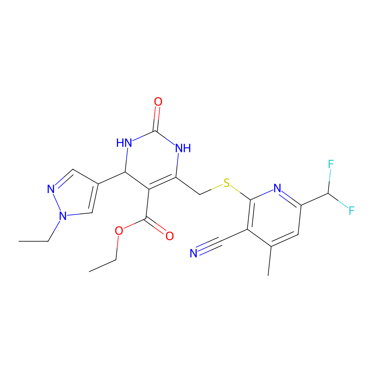 Ethyl 6-[[[3-cyano-6-(difluoromethyl)-4-methyl-2-pyridinyl]thio]methyl]-4-(1-ethyl-1H-pyrazol-4-yl)-1,2,3,4-tetrahydro-2-oxo-5-pyrimidinecarboxylate molecular structure, CAS 1006342-60-4
