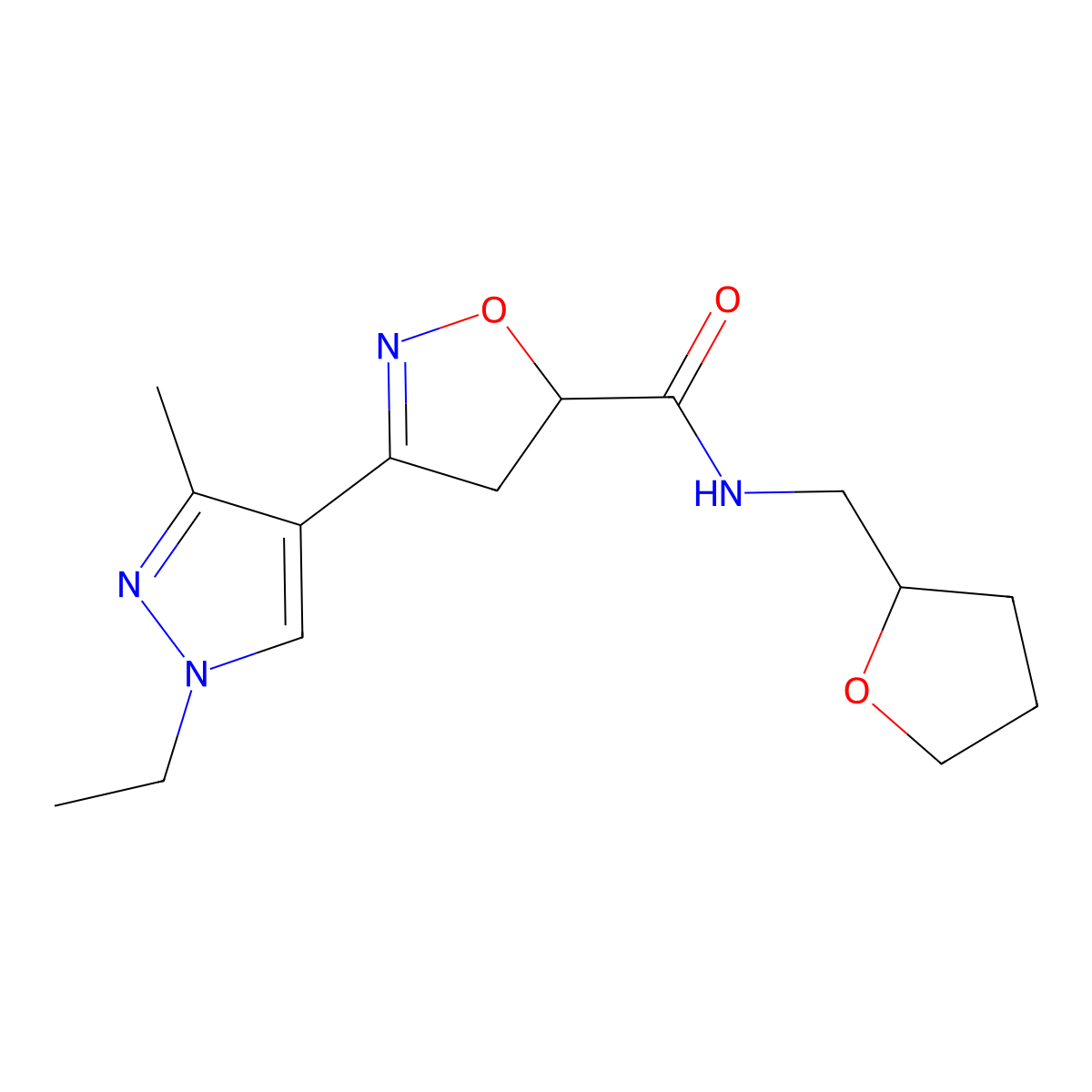 3-(1-ethyl-3-methyl-1H-pyrazol-4-yl)-N-(tetrahydrofuran-2-ylmethyl)-4,5-dihydro-1,2-oxazole-5-carboxamide molecular structure, CAS 1006344-70-2