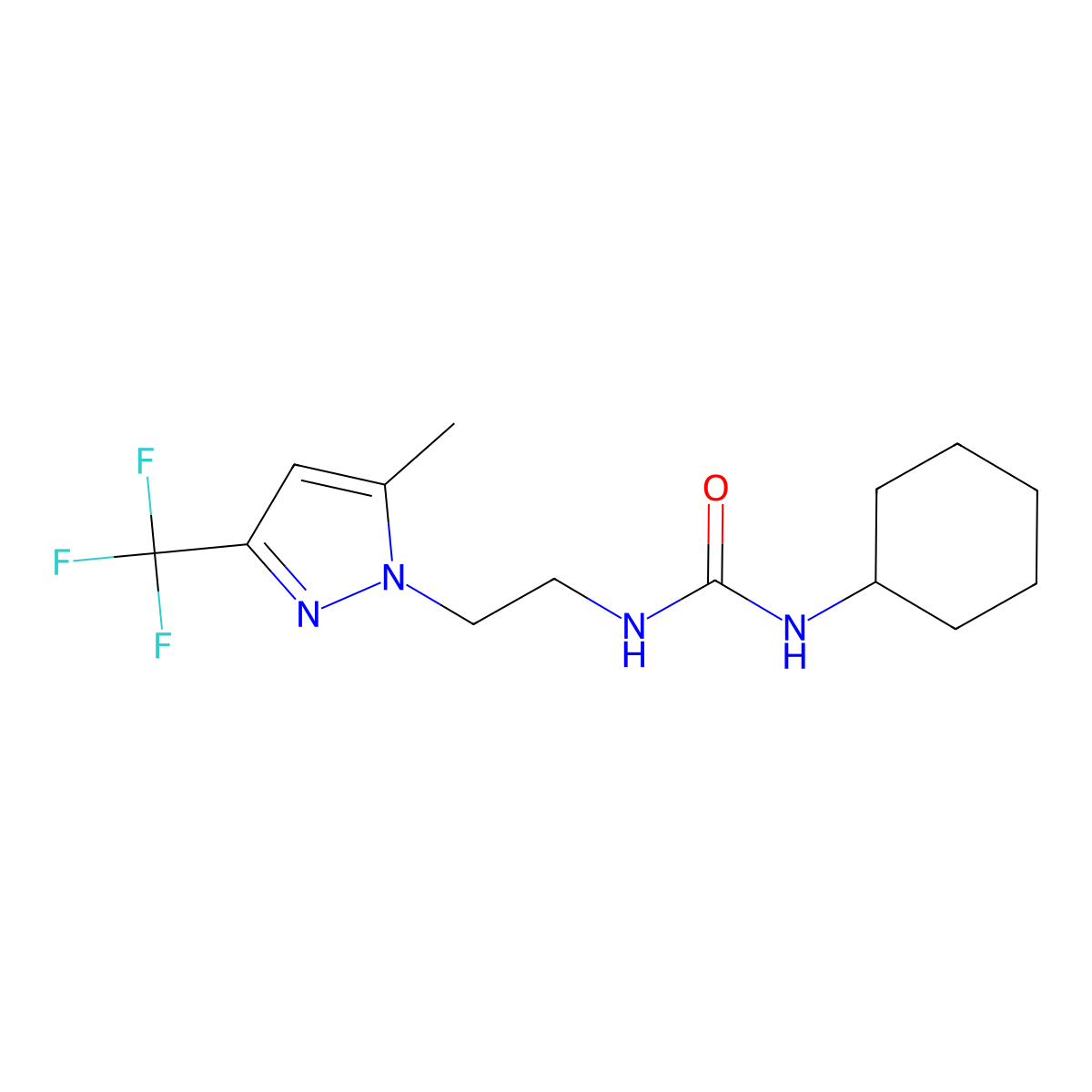 1-cyclohexyl-3-{2-[5-methyl-3-(trifluoromethyl)-1H-pyrazol-1-yl]ethyl}urea molecular structure, CAS 1006344-91-7