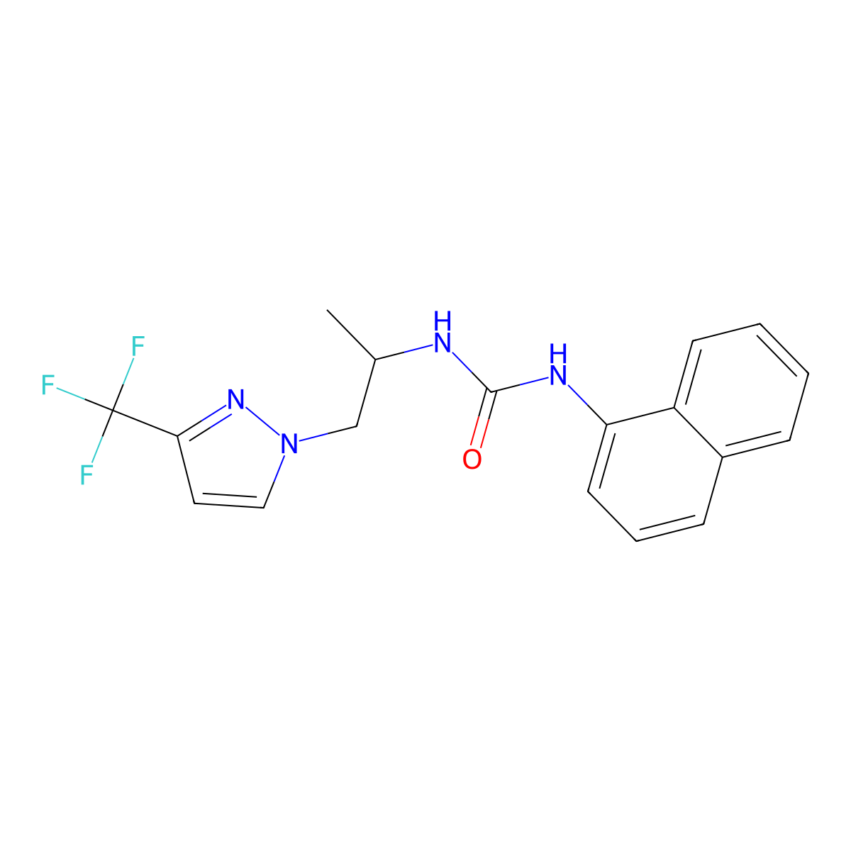 1-naphthalen-1-yl-3-{1-[3-(trifluoromethyl)-1H-pyrazol-1-yl]propan-2-yl}urea molecular structure, CAS 1006345-06-7
