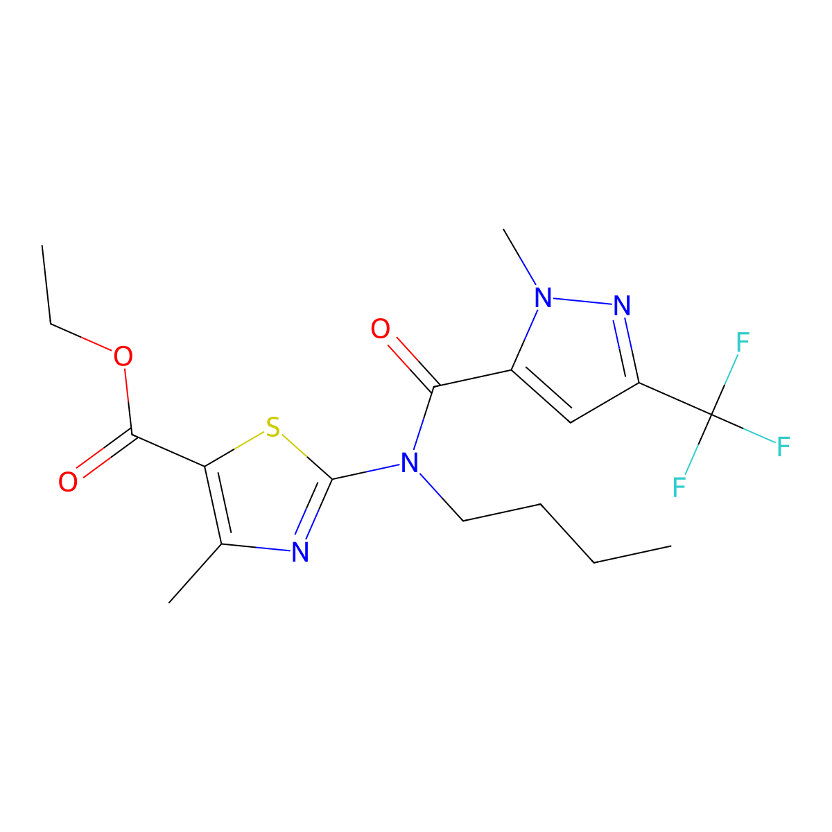ethyl 2-(butyl{[1-methyl-3-(trifluoromethyl)-1H-pyrazol-5-yl]carbonyl}amino)-4-methyl-1,3-thiazole-5-carboxylate molecular structure, CAS 1006345-25-0