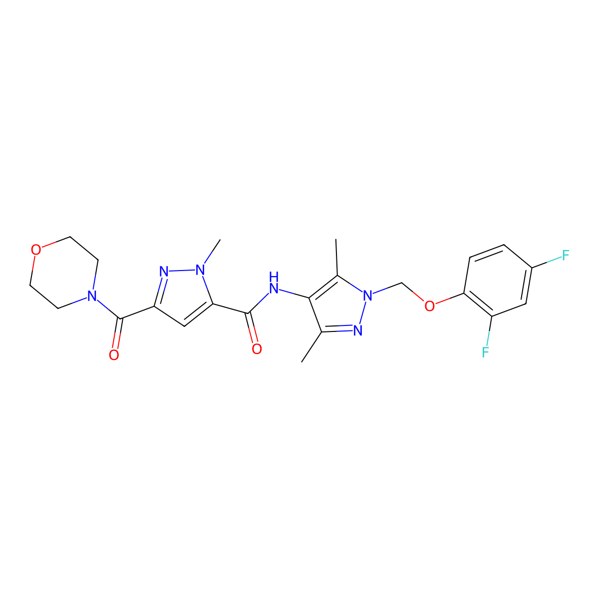 N-{1-[(2,4-difluorophenoxy)methyl]-3,5-dimethyl-1H-pyrazol-4-yl}-1-methyl-3-(morpholin-4-ylcarbonyl)-1H-pyrazole-5-carboxamide molecular structure, CAS 1006347-50-7