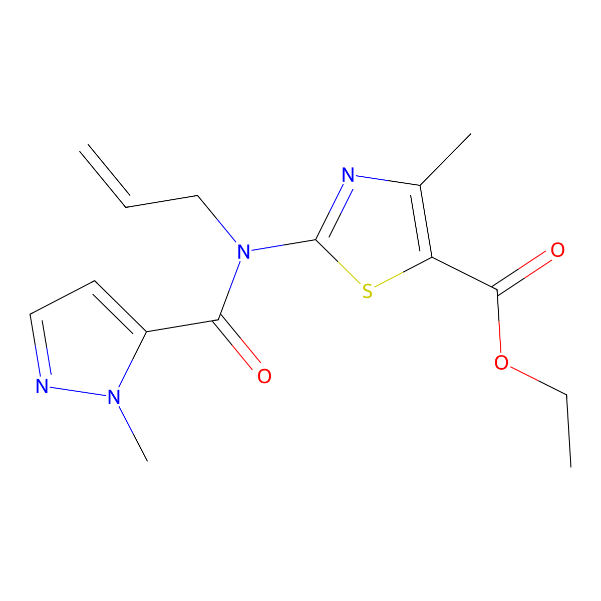ethyl 4-methyl-2-{[(1-methyl-1H-pyrazol-5-yl)carbonyl](prop-2-en-1-yl)amino}-1,3-thiazole-5-carboxylate molecular structure, CAS 1006348-50-0