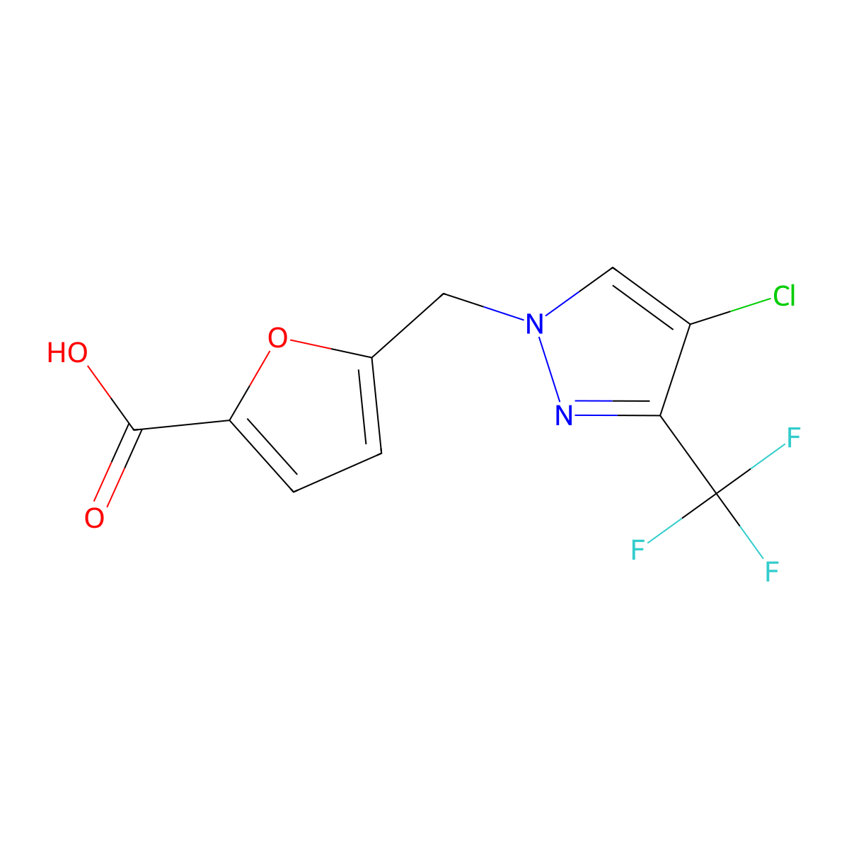 5-((4-Chloro-3-(trifluoromethyl)-1H-pyrazol-1-yl)methyl)furan-2-carboxylic acid molecular structure, CAS 1006348-61-3