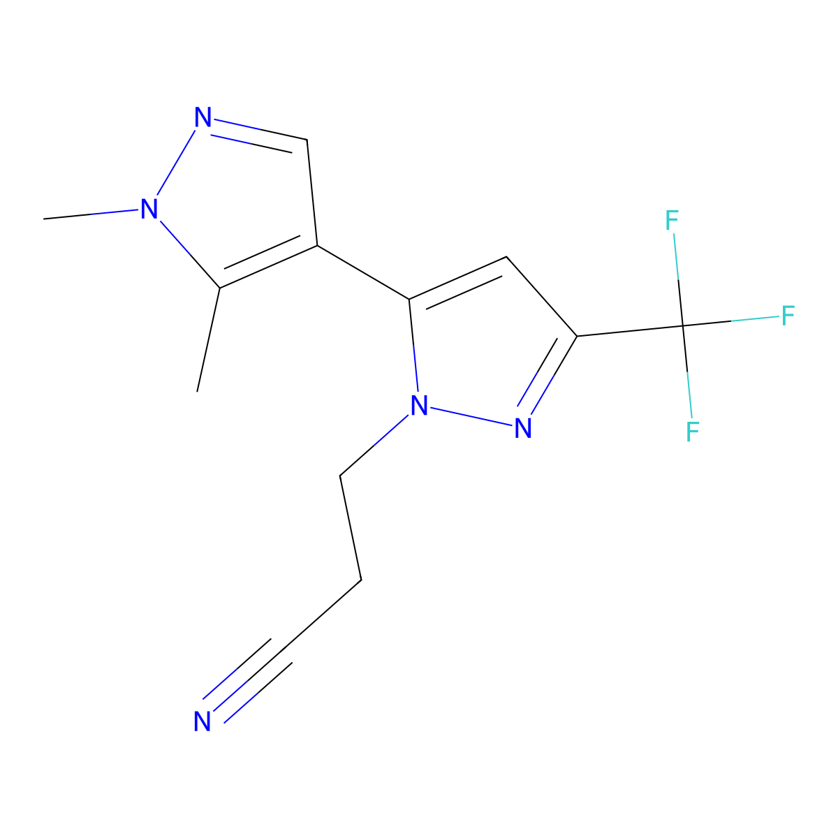 3-(1',5'-Dimethyl-5-(trifluoromethyl)-1'H,2H-[3,4'-bipyrazol]-2-yl)propanenitrile molecular structure, CAS 1006348-67-9
