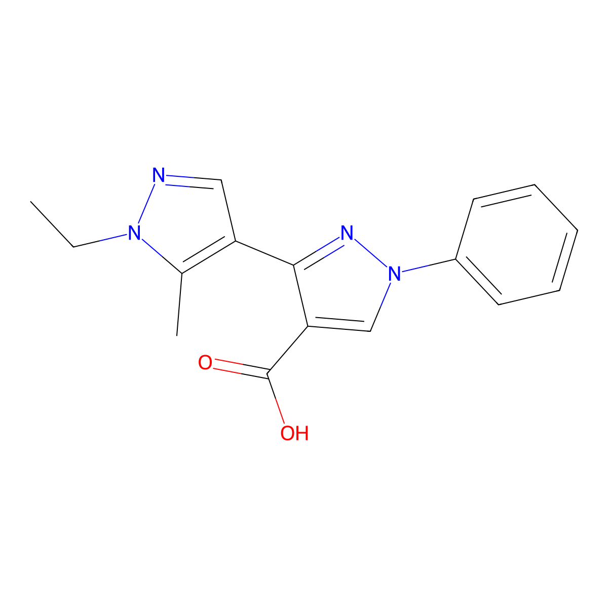 1'-ethyl-5'-methyl-1-phenyl-1H,1'H-3,4'-bipyrazole-4-carboxylic acid molecular structure, CAS 1006348-70-4