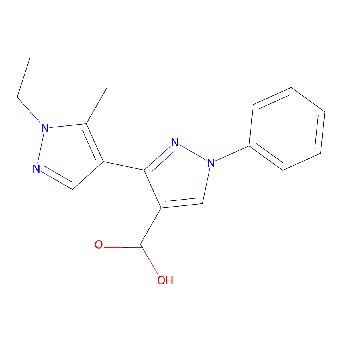 1'-ethyl-5'-methyl-1-phenyl-1H,1'H-3,4'-bipyrazole-4-carboxylic acid molecular structure, CAS 1006348-70-4