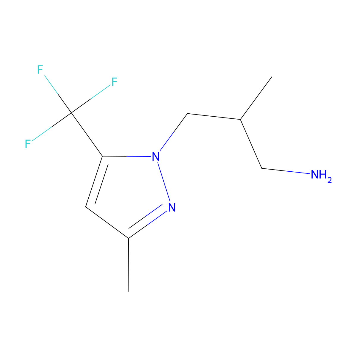 2-methyl-3-[3-methyl-5-(trifluoromethyl)-1H-pyrazol-1-yl]propan-1-amine molecular structure, CAS 1006348-75-9