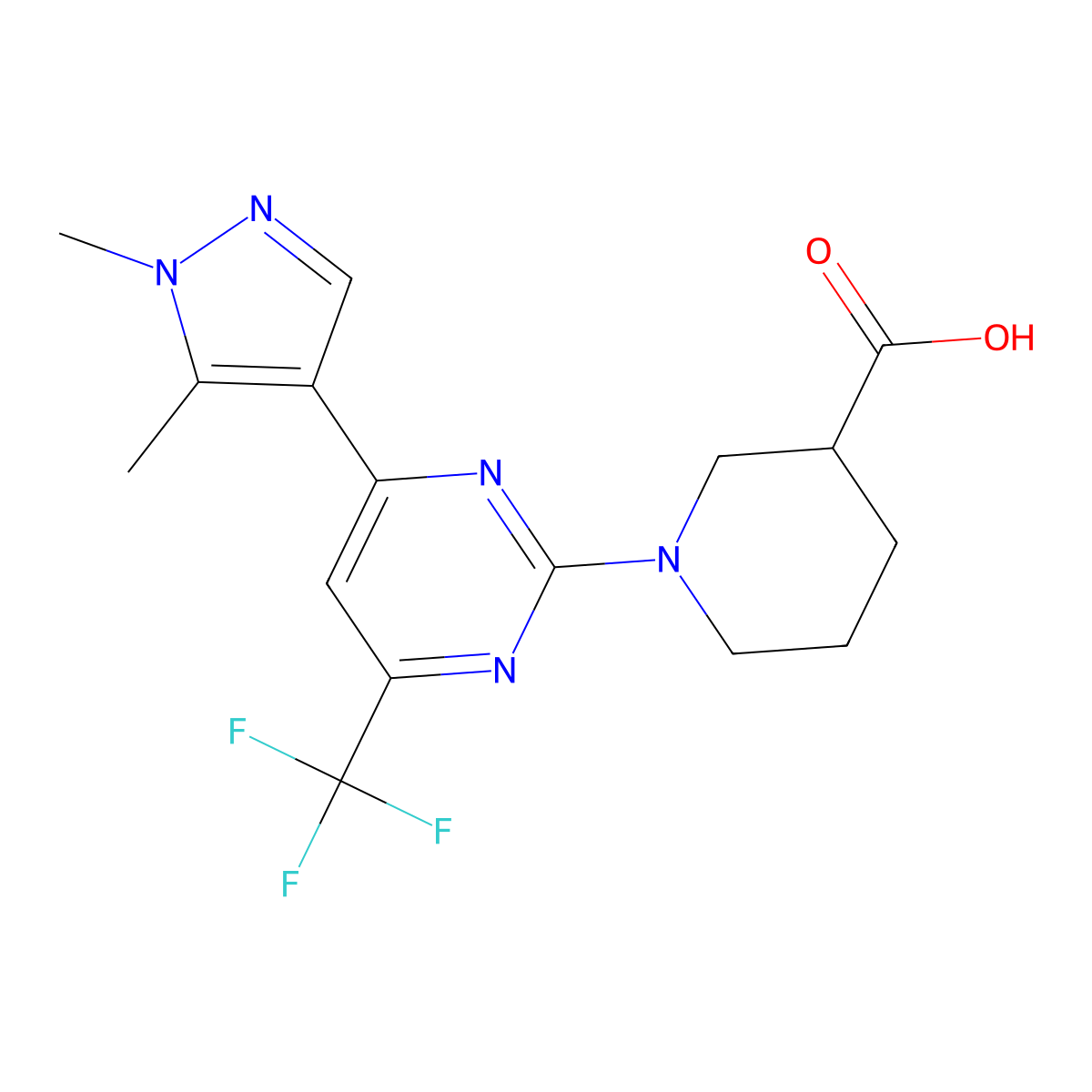 1-[4-(1,5-dimethyl-1H-pyrazol-4-yl)-6-(trifluoromethyl)pyrimidin-2-yl]piperidine-3-carboxylic acid molecular structure, CAS 1006348-78-2