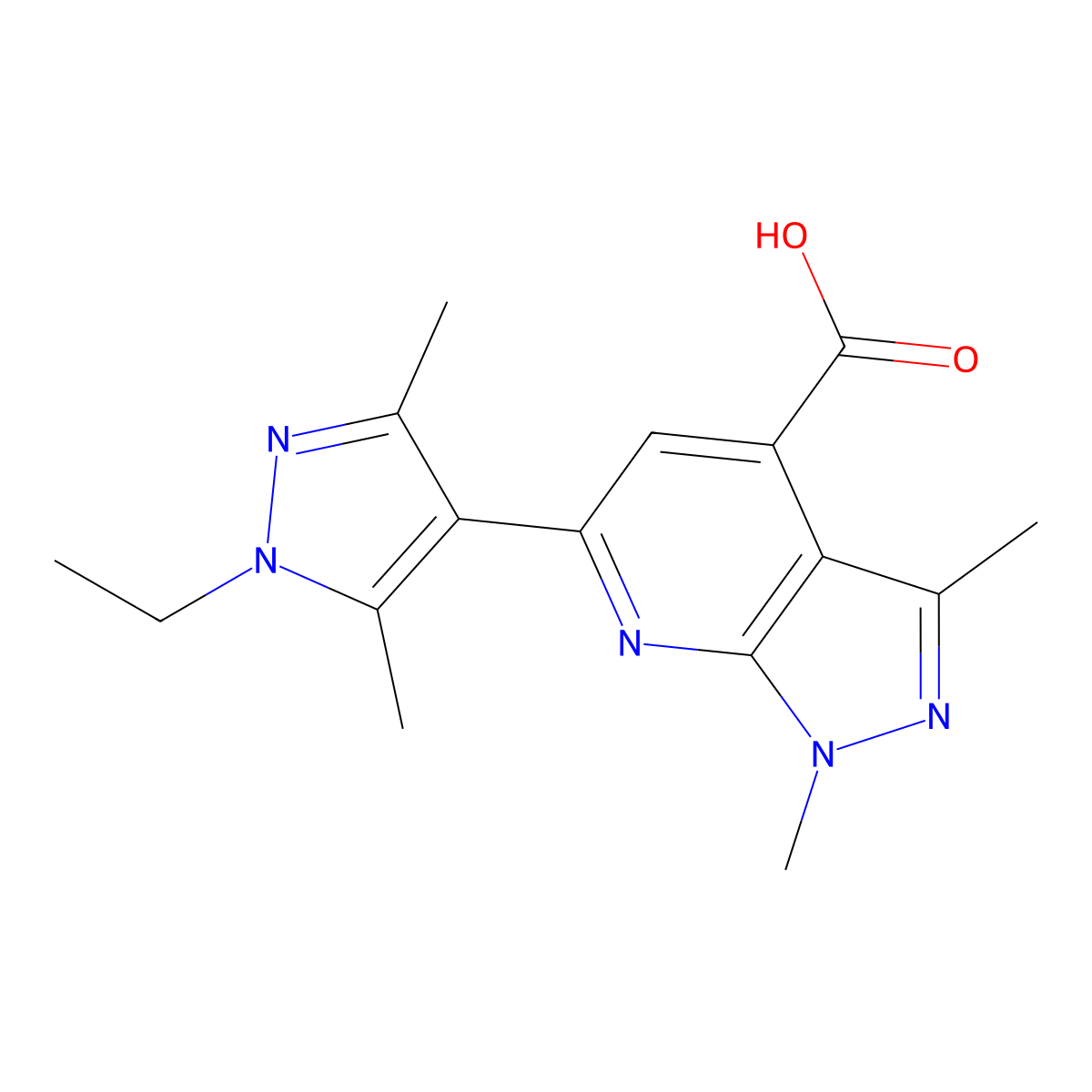 6-(1-ethyl-3,5-dimethyl-1H-pyrazol-4-yl)-1,3-dimethyl-1H-pyrazolo[3,4-b]pyridine-4-carboxylic acid molecular structure, CAS 1006348-91-9