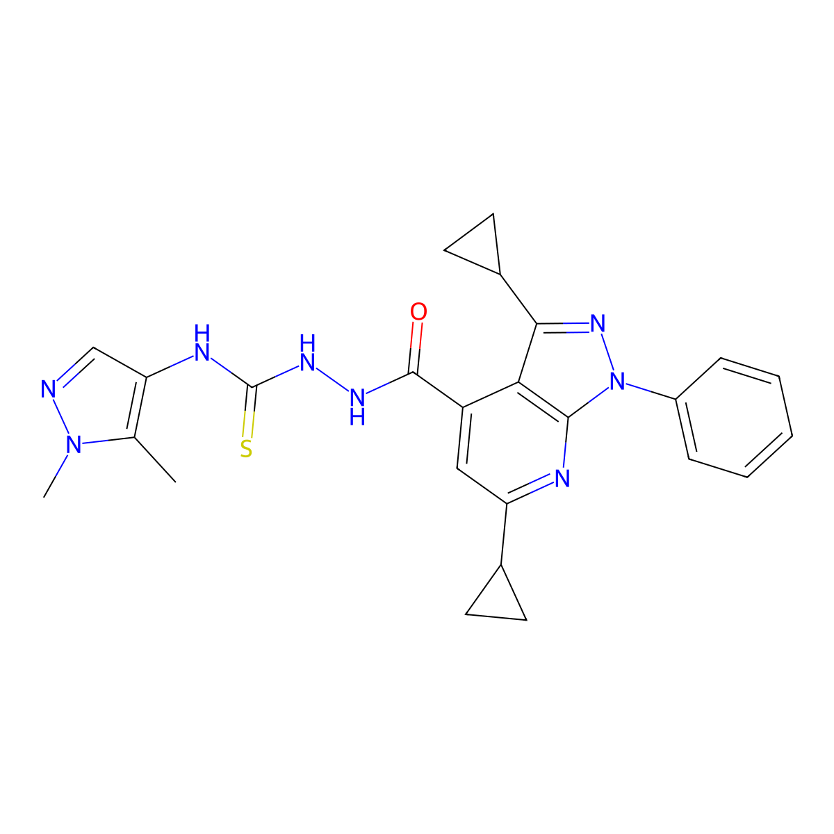 3,6-Dicyclopropyl-1-phenyl-1H-pyrazolo[3,4-b]pyridine-4-carboxylic acid 2-[[(1,5-dimethyl-1H-pyrazol-4-yl)amino]thioxomethyl]hydrazide molecular structure, CAS 1006349-07-0