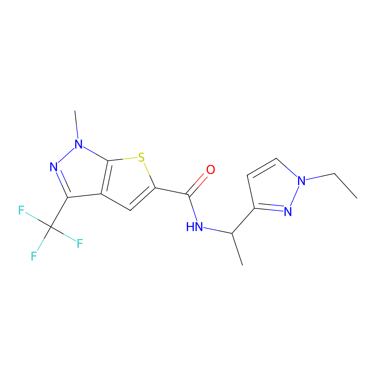 N-(1-(1-Ethyl-1H-pyrazol-3-yl)ethyl)-1-methyl-3-(trifluoromethyl)-1H-thieno(2,3-c)pyrazole-5-carboxamide molecular structure, CAS 1006349-19-4