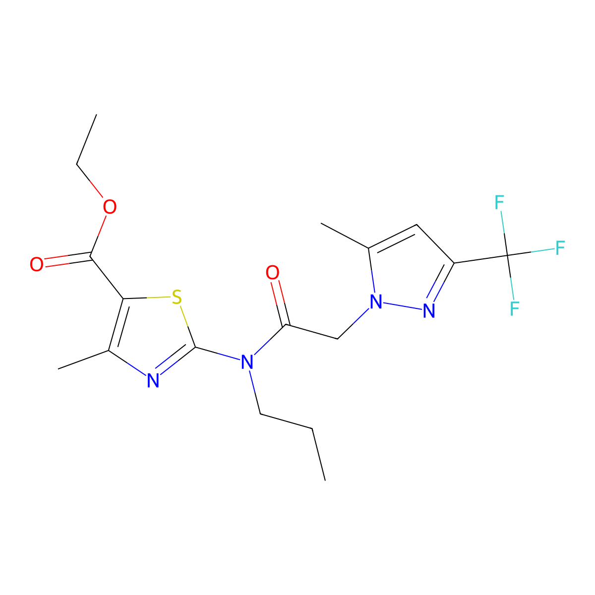 ethyl 4-methyl-2-[{[5-methyl-3-(trifluoromethyl)-1H-pyrazol-1-yl]acetyl}(propyl)amino]-1,3-thiazole-5-carboxylate molecular structure, CAS 1006350-61-3