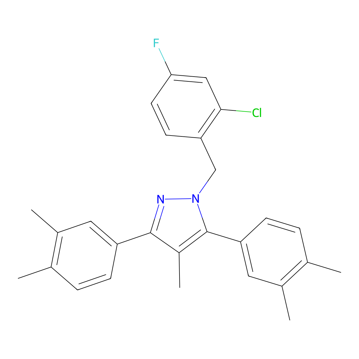 1-(2-chloro-4-fluorobenzyl)-3,5-bis(3,4-dimethylphenyl)-4-methyl-1H-pyrazole molecular structure, CAS 1006352-74-4