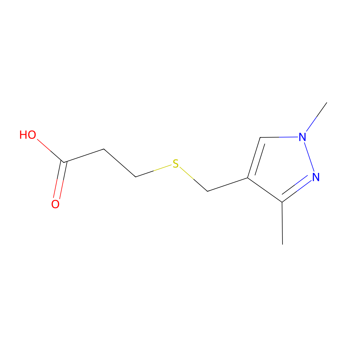 3-{[(1,3-dimethyl-1H-pyrazol-4-yl)methyl]sulfanyl}propanoic acid molecular structure, CAS 1006352-76-6