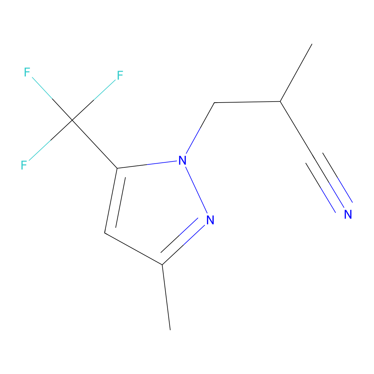2-methyl-3-[3-methyl-5-(trifluoromethyl)-1H-pyrazol-1-yl]propanenitrile molecular structure, CAS 1006352-92-6