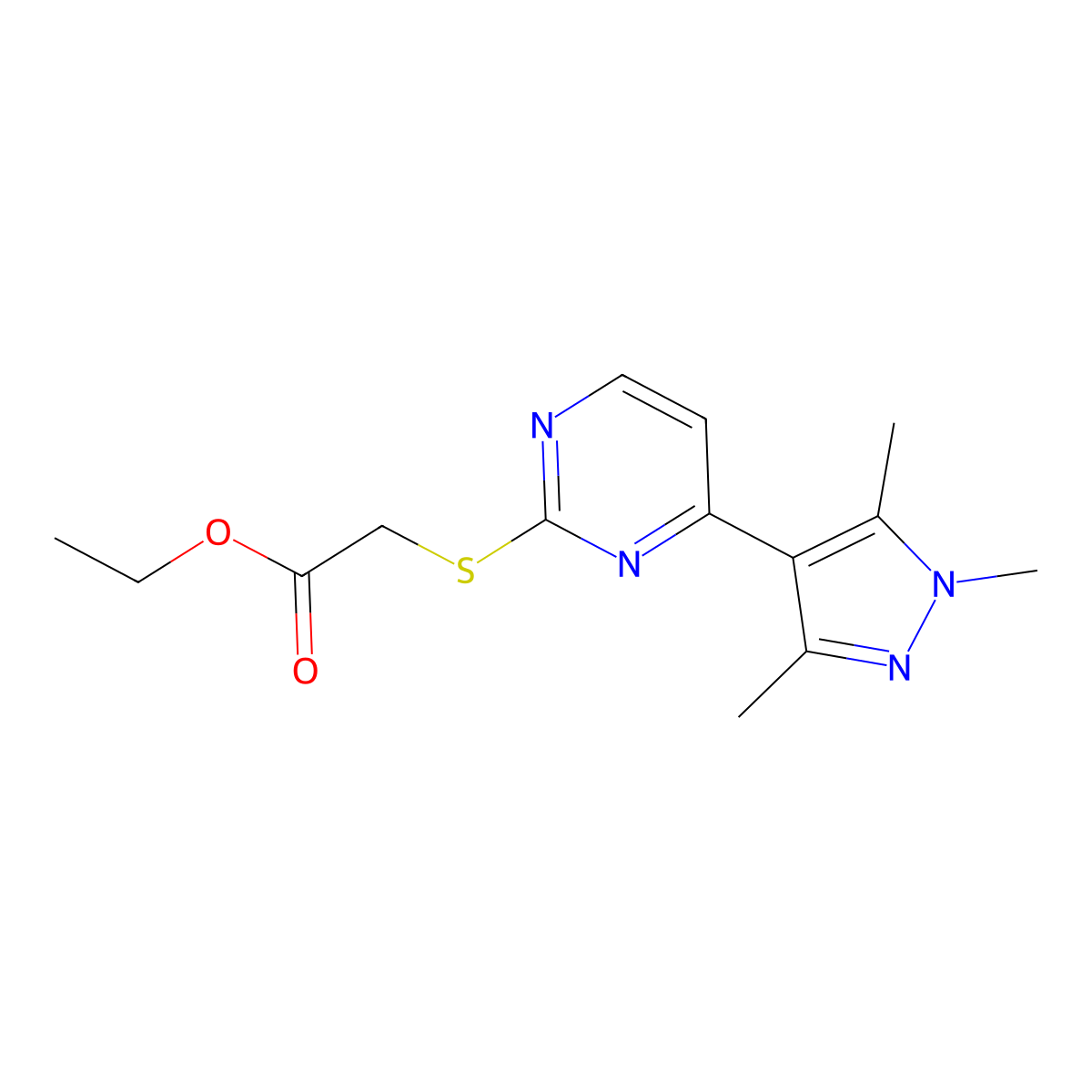 Ethyl 2-((4-(1,3,5-trimethyl-1H-pyrazol-4-yl)pyrimidin-2-yl)thio)acetate molecular structure, CAS 1006353-04-3