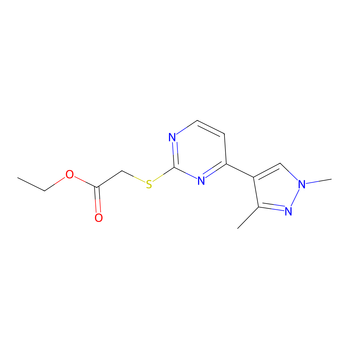 Ethyl 2-((4-(1,3-dimethyl-1H-pyrazol-4-yl)pyrimidin-2-yl)thio)acetate molecular structure, CAS 1006353-10-1