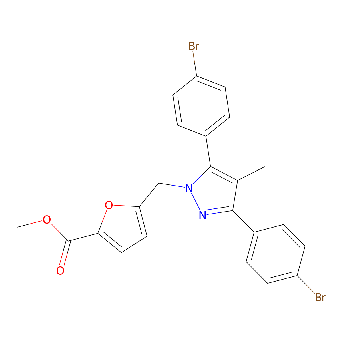 Methyl 5-((3,5-bis(4-bromophenyl)-4-methyl-1H-pyrazol-1-yl)methyl)-2-furancarboxylate molecular structure, CAS 1006353-11-2