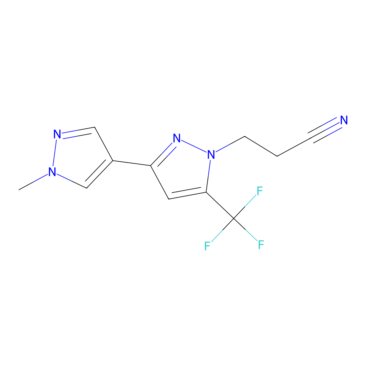 3-(1'-Methyl-5-(trifluoromethyl)-1H,1'H-[3,4'-bipyrazol]-1-yl)propanenitrile molecular structure, CAS 1006353-16-7