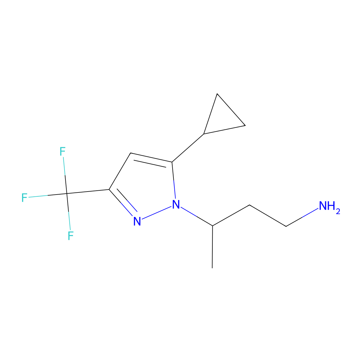 3-[5-cyclopropyl-3-(trifluoromethyl)-1H-pyrazol-1-yl]butan-1-amine molecular structure, CAS 1006353-19-0