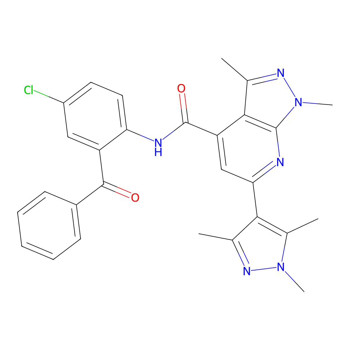 N-[4-chloro-2-(phenylcarbonyl)phenyl]-1,3-dimethyl-6-(1,3,5-trimethyl-1H-pyrazol-4-yl)-1H-pyrazolo[3,4-b]pyridine-4-carboxamide molecular structure, CAS 1006357-57-8